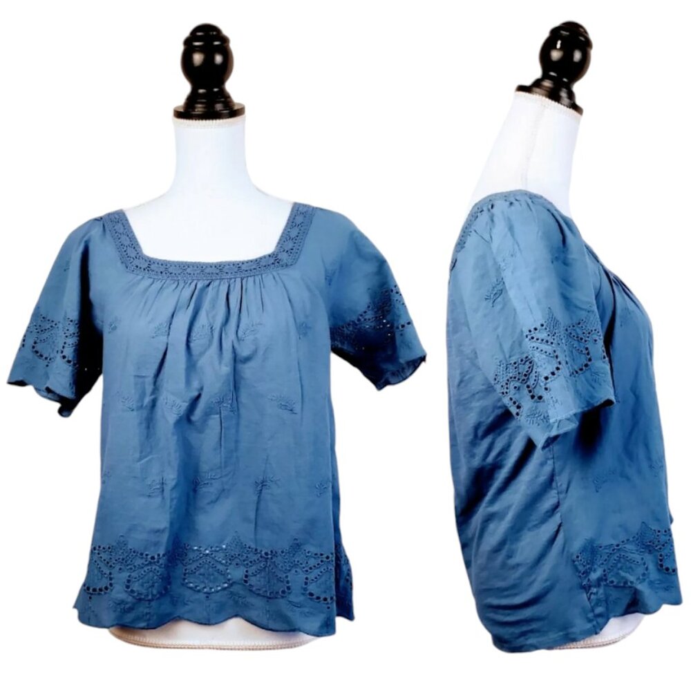 LUCKY BRAND Top, Blue 100% Cotton Short Sleeve Eyelets Lace Boho Casual, S